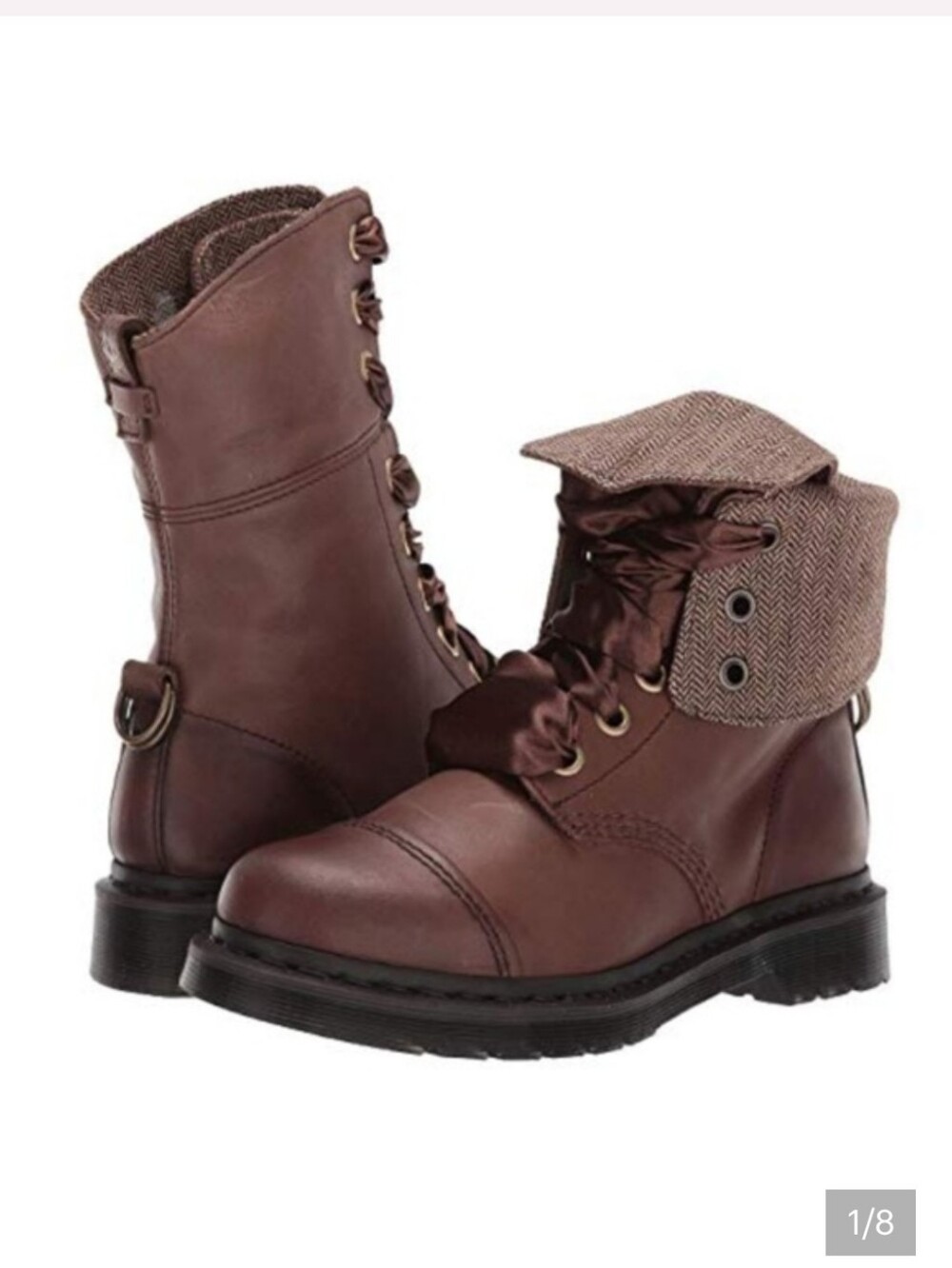 Dr Martens Aimilita W Sz 8 Brown Leather Fold Down Herringbone Tweed Lined Boots - Picture 8 of 8